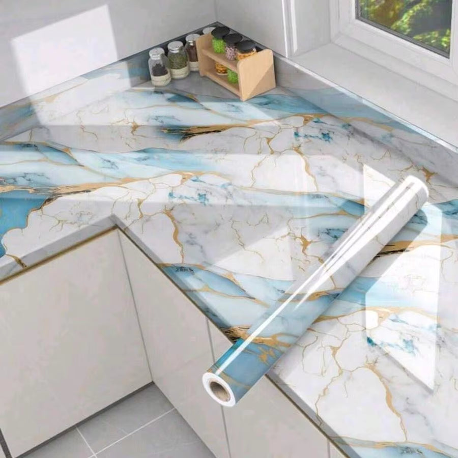 1 Roll Waterproof Self-Adhesive Marble Wallpaper, Seafoam Blue - Applicable For Kitchen Countertops, Bathroom Walls, And Living Room Decor