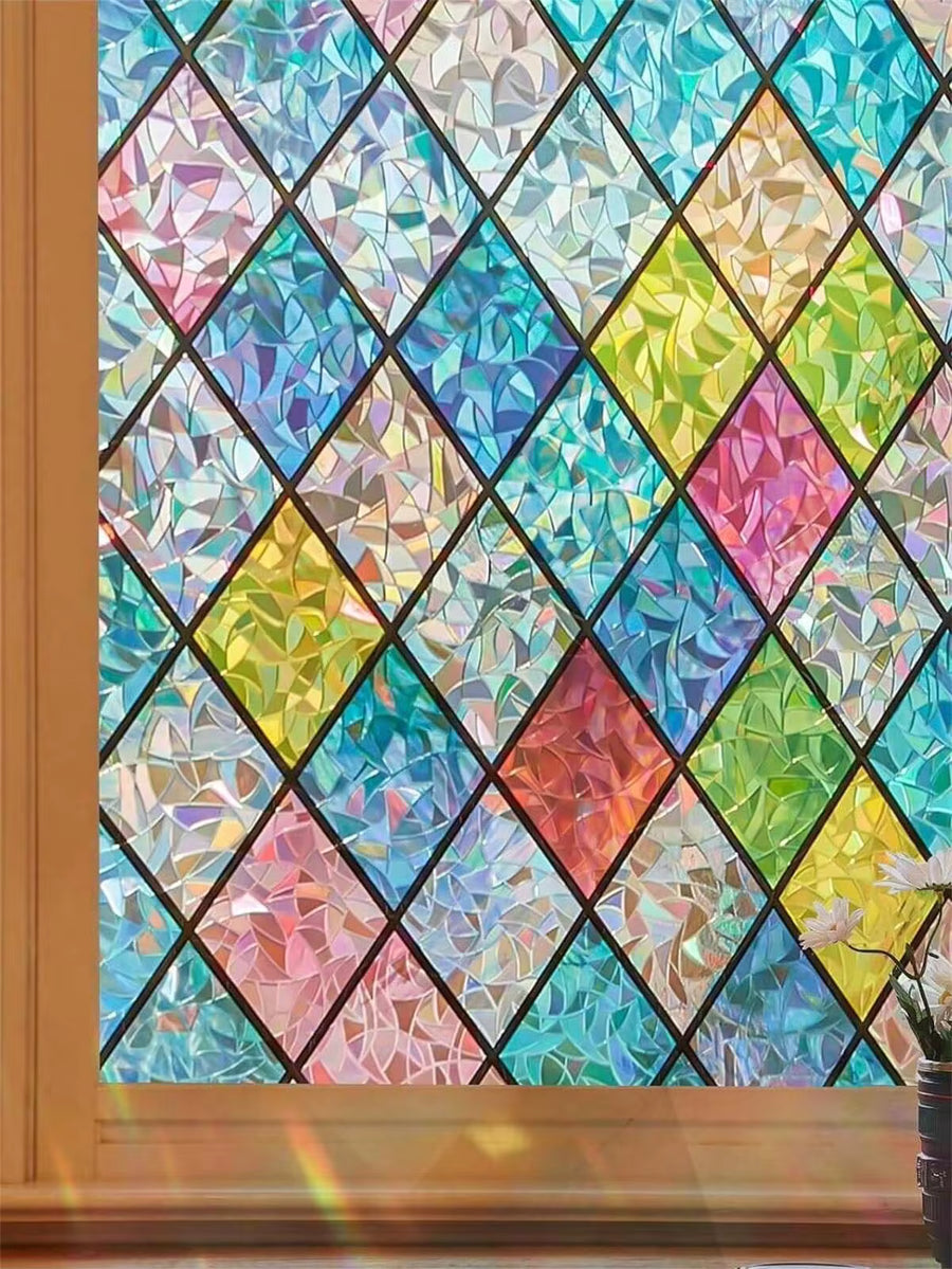 1 Roll Window Privacy Film Stained Glass Window Clings 3D Rainbow Window Film For Glass Door Decorative Colorful Lattice Window Glass Stickers Static Cling Sun Blocking Window Coverings For Home Gifts Birthday Graduation