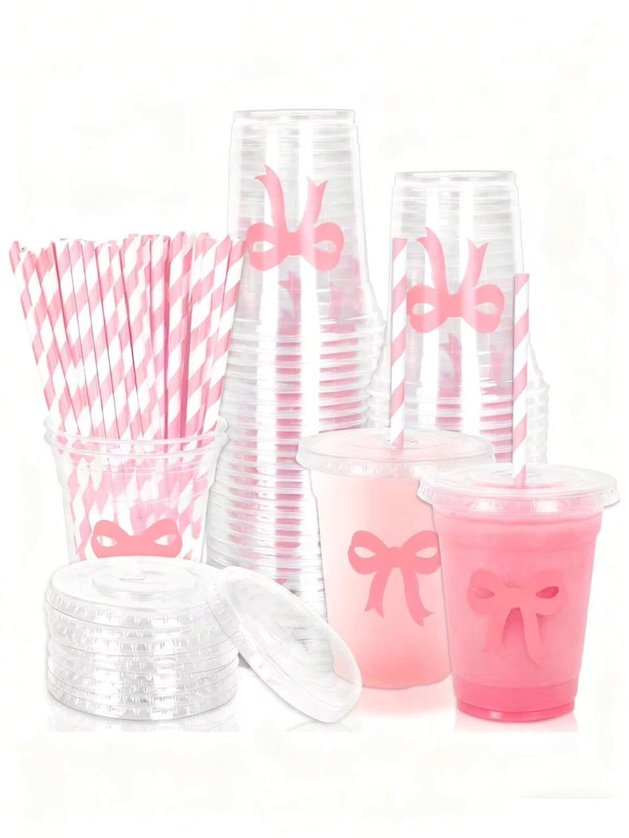 20 Or 40 Pieces Of 12 Oz Pink Bow-Designed Disposable Plastic Cups With Lids And Straws – Elegant And Practical Party Drinkware For Bridal Showers, Baby Showers, Birthdays, And Girl-Themed Celebrations